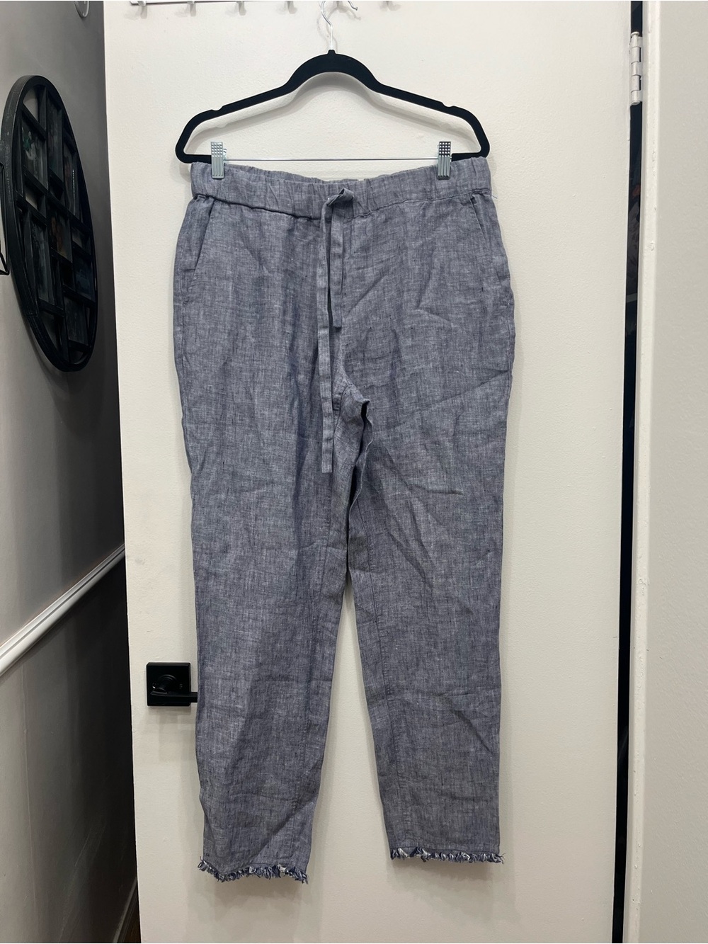 Saks Fifth Avenue Light Blue Drawstring Linen Pants Fringe Hem Sz L